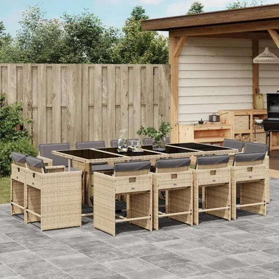 Spisebordssæt i polyrattan 13 dele beige med hynder