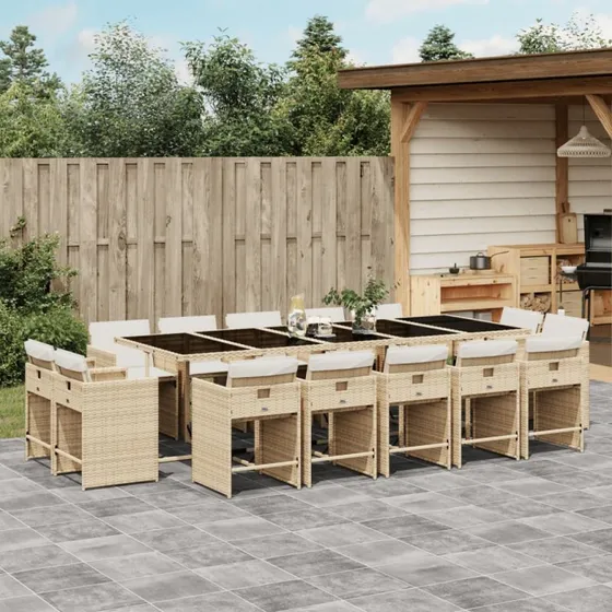 Spisebordssæt i polyrattan 15 dele med hynder, beige