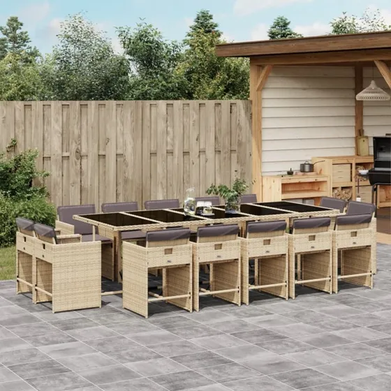Spisebordssæt til haven 15 dele i polyrattan beige