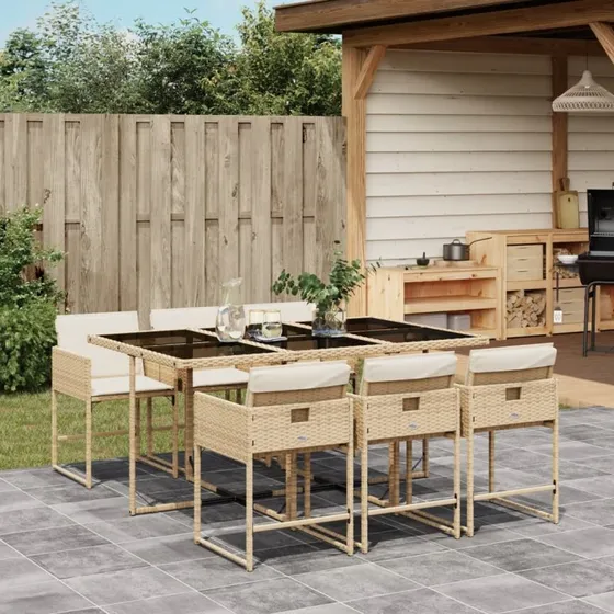 Spisebordssæt i polyrattan 7 dele med hynder - beige