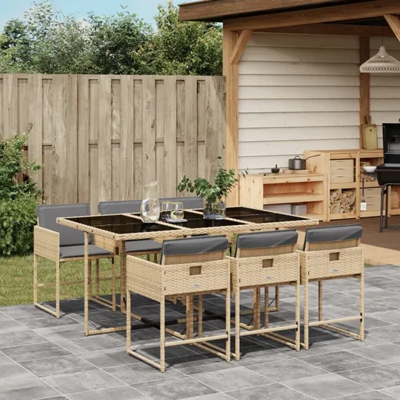 Spisebordssæt i polyrattan 7 dele med hynder – beige