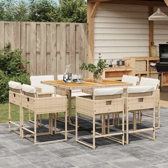 Spisebordssæt i polyrattan 9 dele med hynder – beige