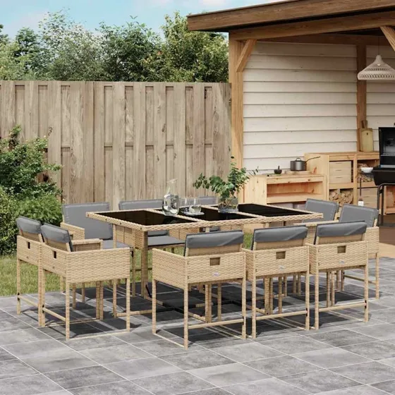 Spisebordssæt til haven 11 dele i polyrattan beige