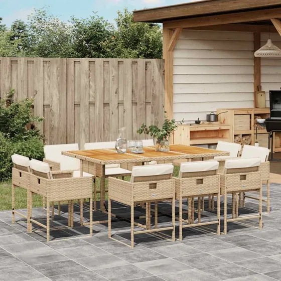 Spisebordssæt til haven 11 dele i beige polyrattan