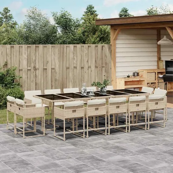 Spisebordssæt til haven 15 dele i beige polyrattan