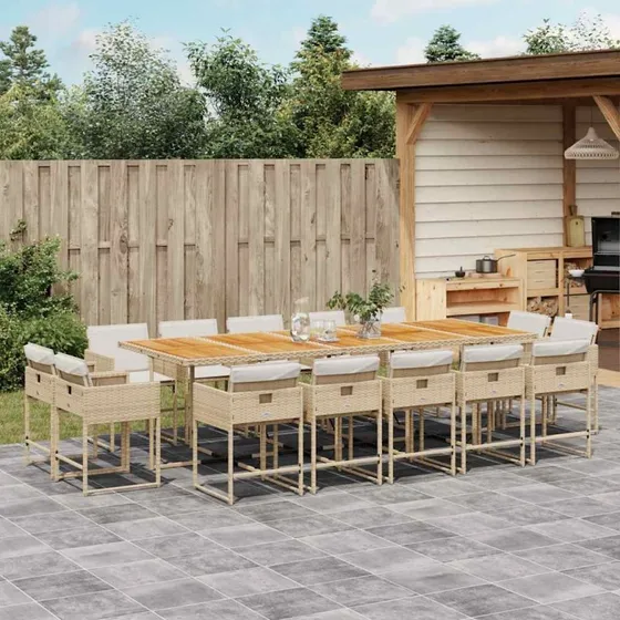 Spisebordssæt 15 dele i polyrattan beige med hynder