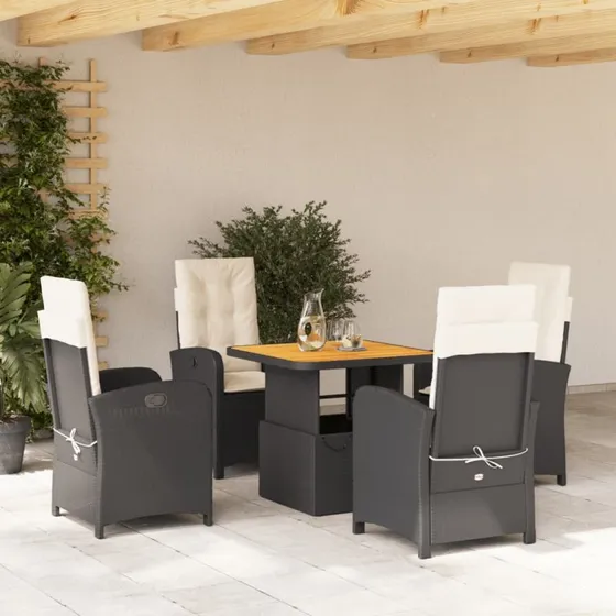 Spisebordssæt i polyrattan 5 dele med hynder - sort