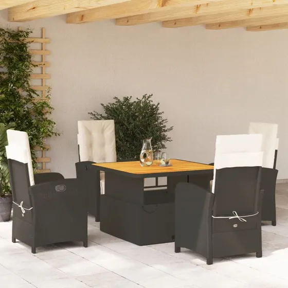Polyrattan spisebordssæt 5 dele med hynder - sort