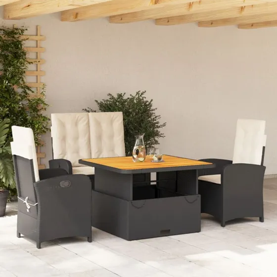 Havemøbelsæt 4 dele i sort polyrattan med hynder
