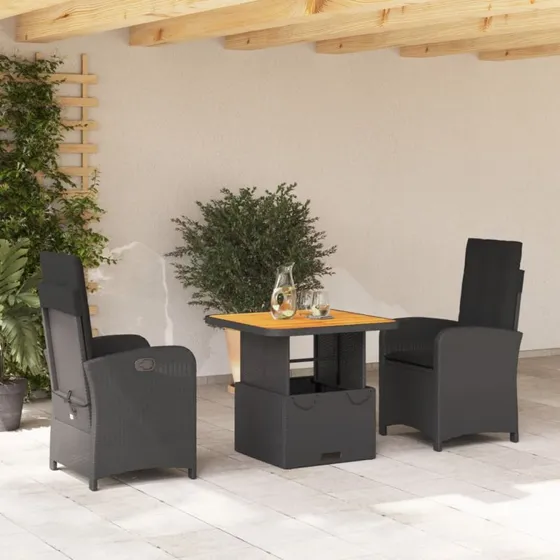 Spisebordssæt til haven 3 dele i sort polyrattan