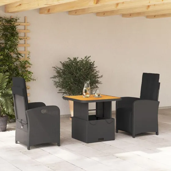 Polyrattan spisebordssæt 3 dele med hynder - sort