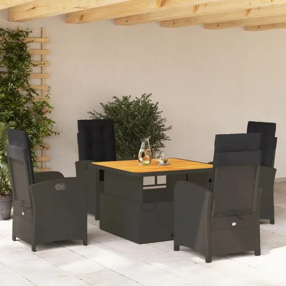 Spisebordssæt 5 dele i sort polyrattan med hynder