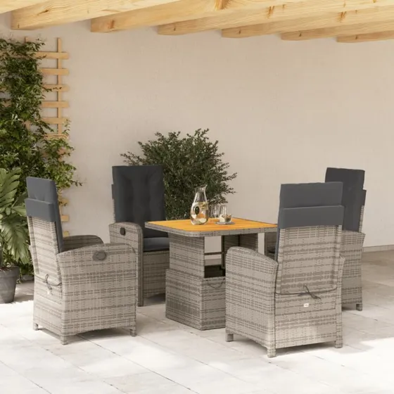 Havestel 5 dele i grå polyrattan med hynder