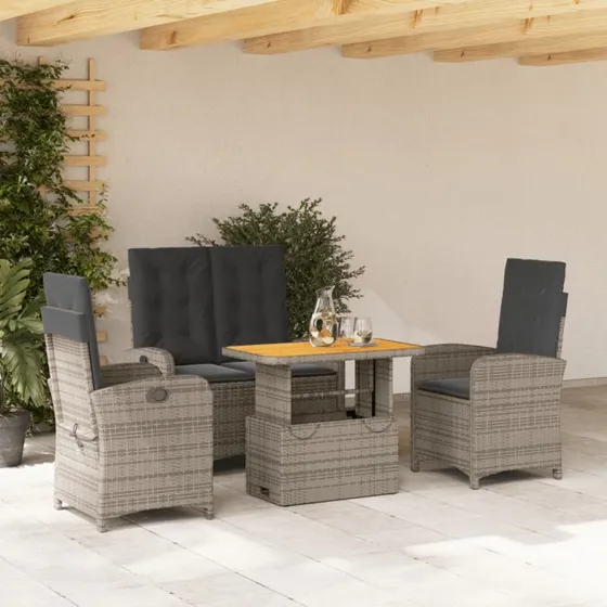 Spisebordssæt i polyrattan 4 dele med hynder - grå
