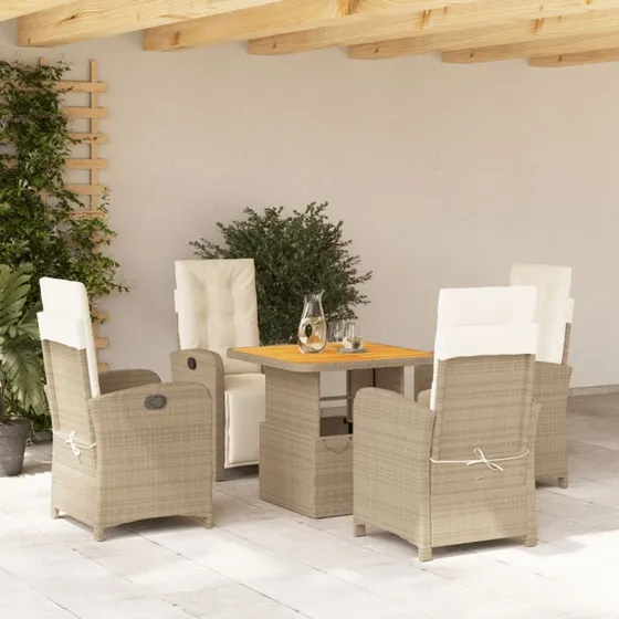 Polyrattan spisebordssæt 5 dele med hynder – beige