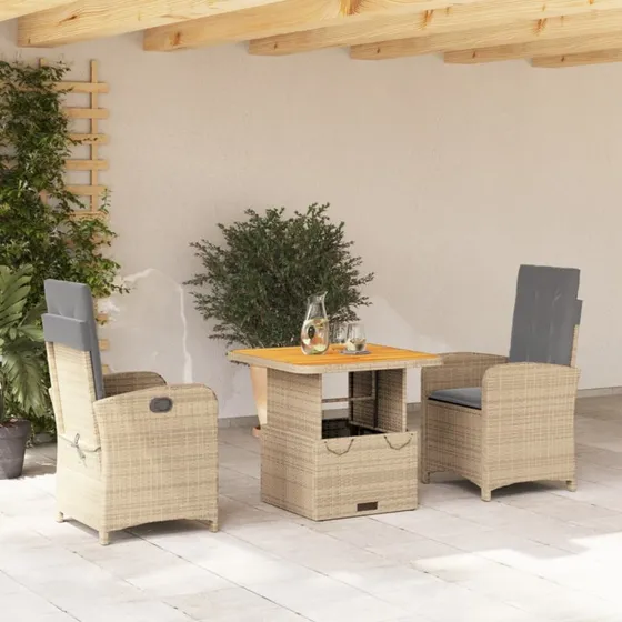 Polyrattan havemøbelsæt 3 dele med hynder – beige