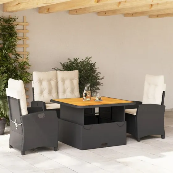 Spisebordssæt i polyrattan 4 dele – sort med hynder