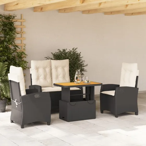 Spisebordssæt i polyrattan 4 dele med hynder - sort
