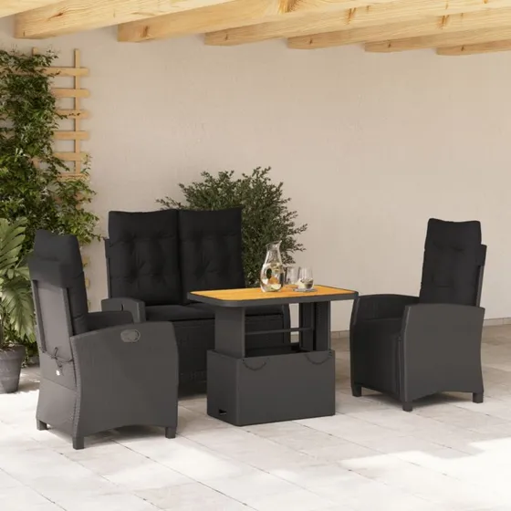 Havemøbelsæt 4 dele i sort polyrattan med hynder
