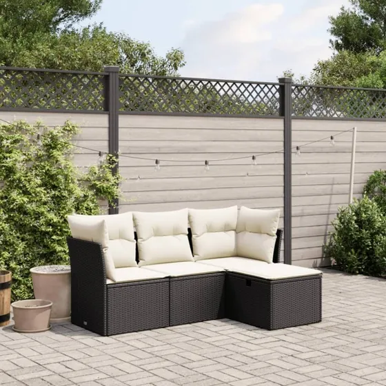 Sofasæt til haven 4 dele i sort polyrattan med hynder
