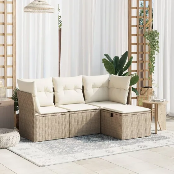 Havesofasæt 4 dele i polyrattan med hynder, beige