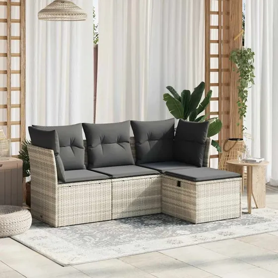 Havesofasæt 4 dele i lysegrå polyrattan med hynder