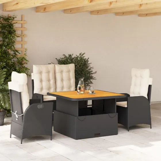 Spisebordssæt 4 dele i sort polyrattan med hynder