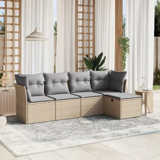 Havesofasæt 5 dele i polyrattan beige med hynder