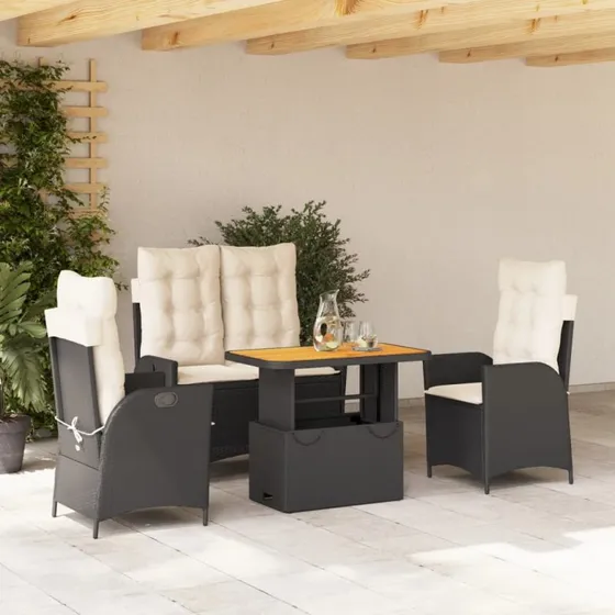 Spisebordssæt til haven 4 dele i sort polyrattan inkl. hynder
