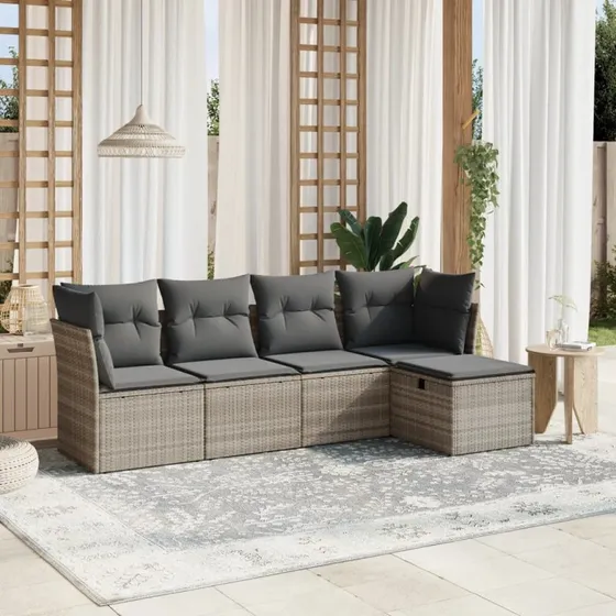 Havesofasæt 5 dele i lysegrå polyrattan med hynder