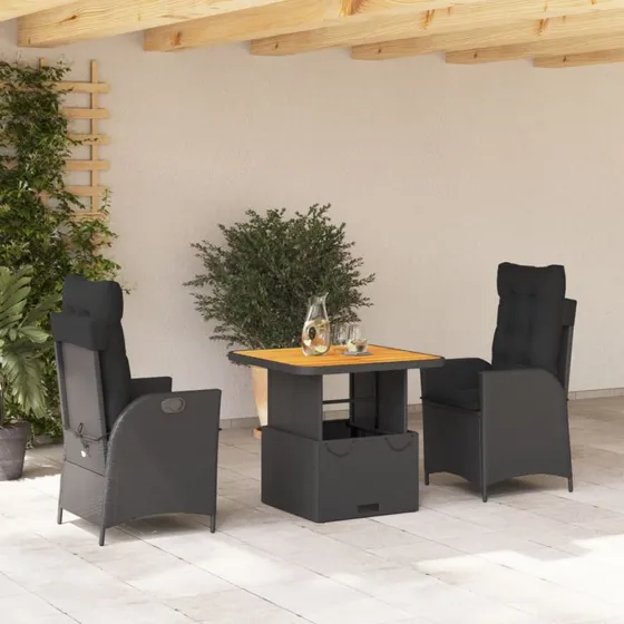 Polyrattan havemøbelsæt 3 dele med hynder - sort