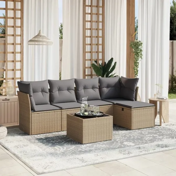 Havesofasæt 6 dele i polyrattan beige med hynder