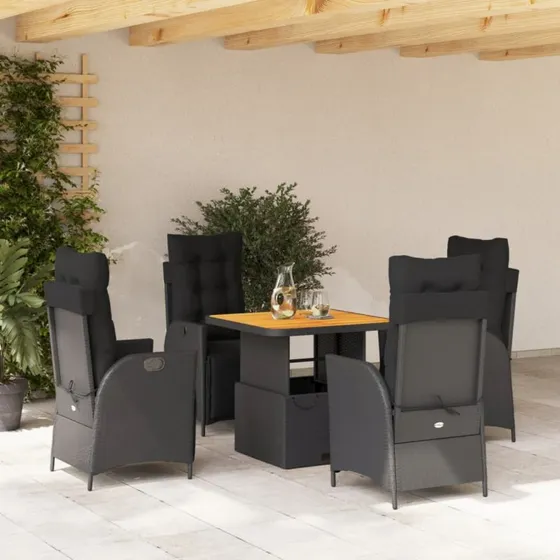 Spisebordssæt til haven 5 dele i sort polyrattan