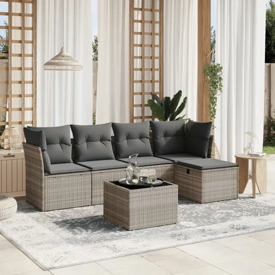 Havesofasæt 6 dele i lysegrå polyrattan med hynder