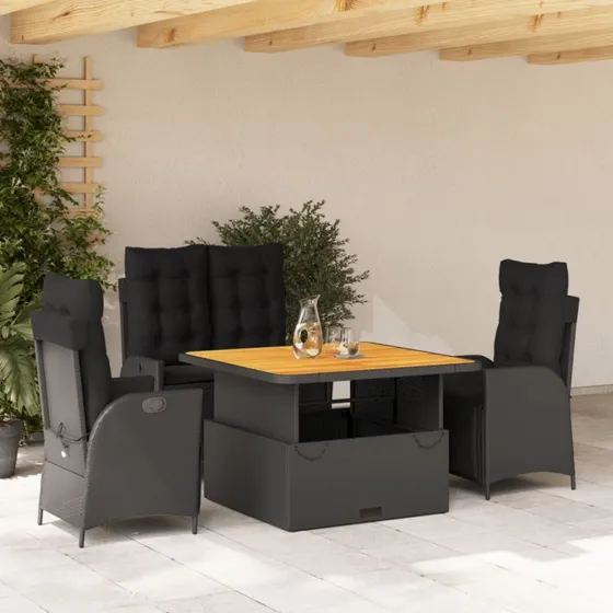 Spisebordssæt polyrattan 4 dele med hynder, sort