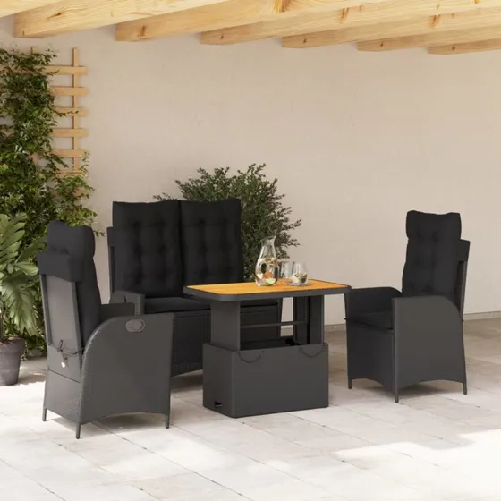 Spisebordssæt 4 dele i polyrattan med hynder - Sort