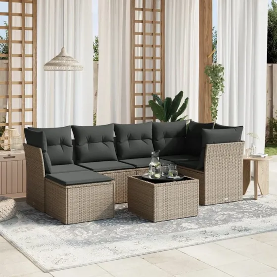 Havesofasæt 7 dele i lysegrå polyrattan inkl. hynder