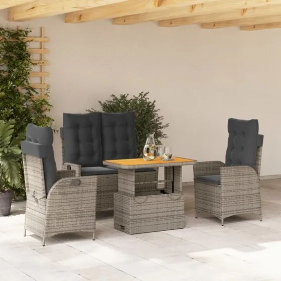 Spisebordssæt i polyrattan 4 dele med hynder - grå