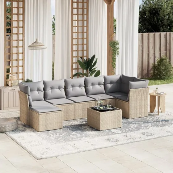 Havesofasæt 8 dele i beige polyrattan inkl. hynder