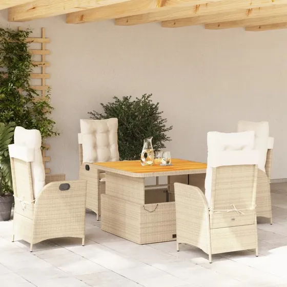 Spisebordssæt til haven 5 dele i beige polyrattan med hynder