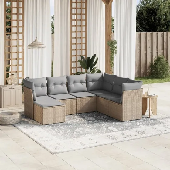 Havesofasæt 7 dele polyrattan med hynder – beige