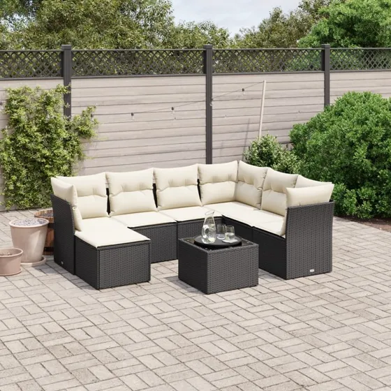 Havesofasæt 8 dele i polyrattan med hynder – sort