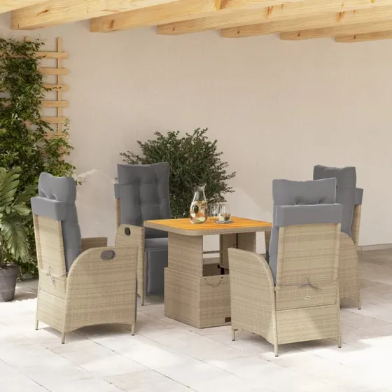Spisebordssæt 5 dele i beige polyrattan med hynder