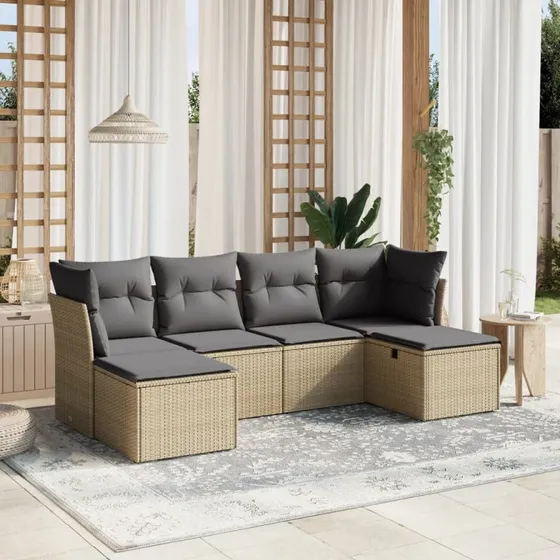 Havesofasæt 6 dele i beige polyrattan med hynder