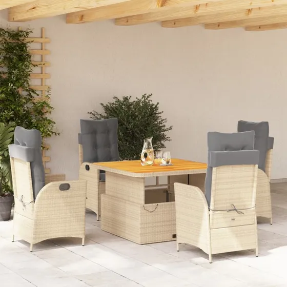 Spisebordssæt i polyrattan 5 dele med hynder – beige