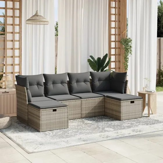 Havesofasæt 6 dele i lysegrå polyrattan inkl. hynder