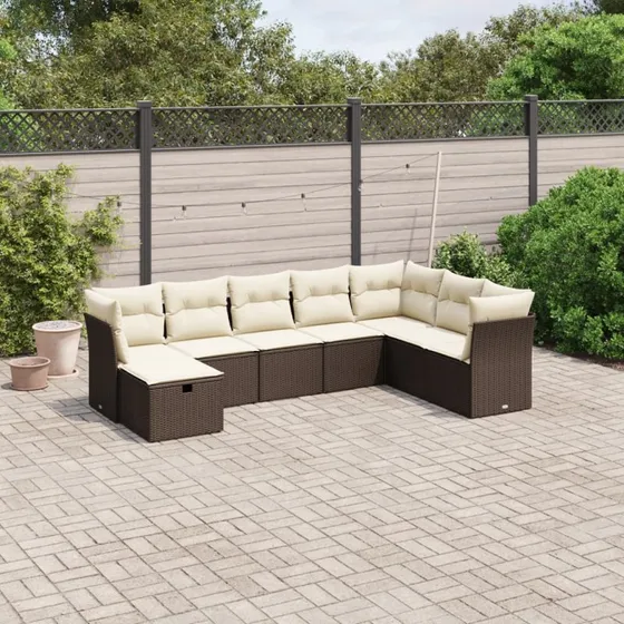 Havesofasæt 8 dele i brun polyrattan med hynder