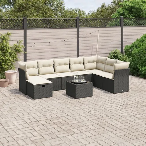 Havesofasæt 9 dele i polyrattan med hynder - sort