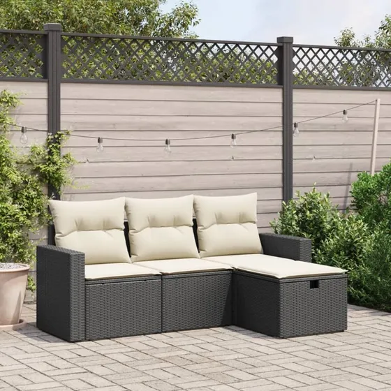 4-dele havesofasæt i sort polyrattan med hynder