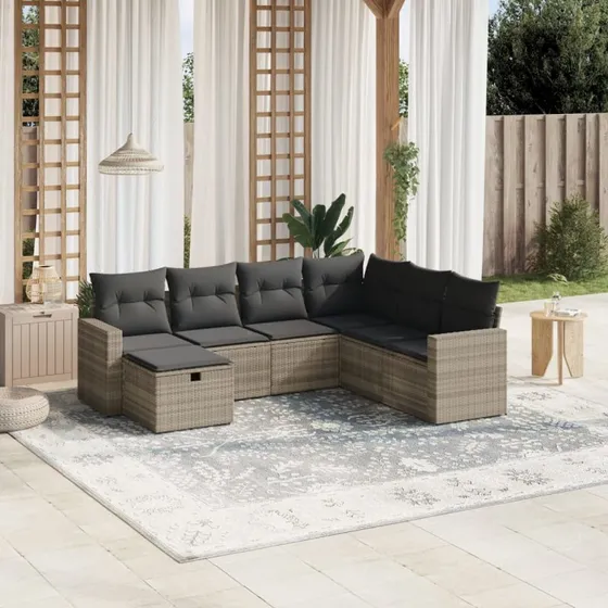 Havesofasæt 7 dele i lysegrå polyrattan med hynder